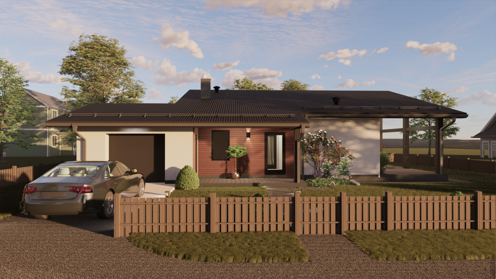 Одноэтажный дом с открытой террасой