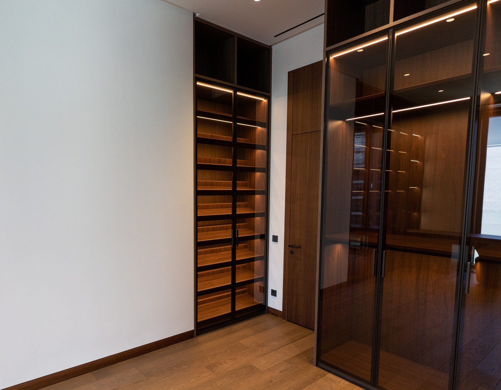 Гардеробная комната с распашными стеклянными RPE фасадами