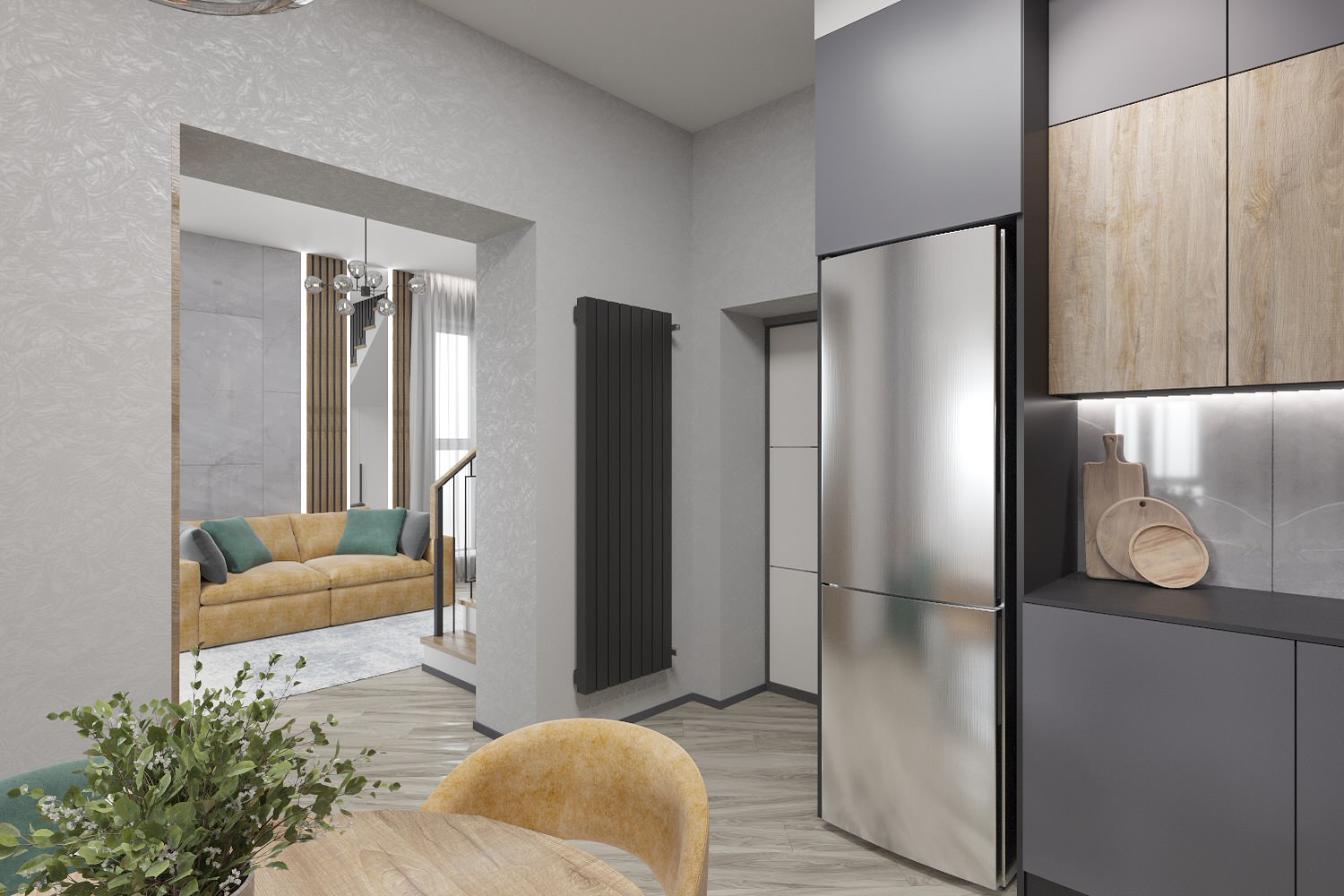 Кухня, гостиная и веранда жилого дома