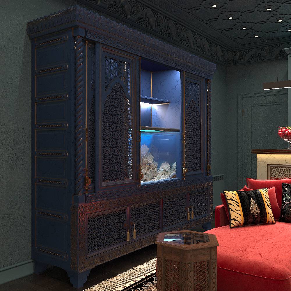 Интерьер кинозала в цокольном этаже загородного дома в Восточном стиле