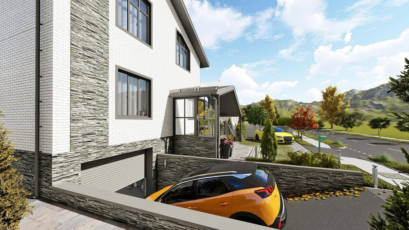 Проект дома с мансардой и гаражом в цокольным этаже