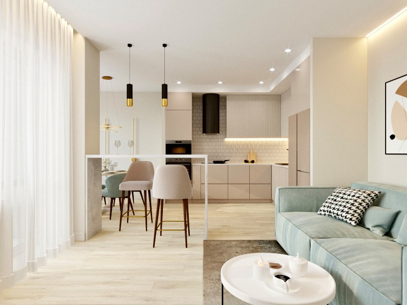 "Нотки Ментола" в кухни-гостиной для молодой пары в ЖК Лесопарковый