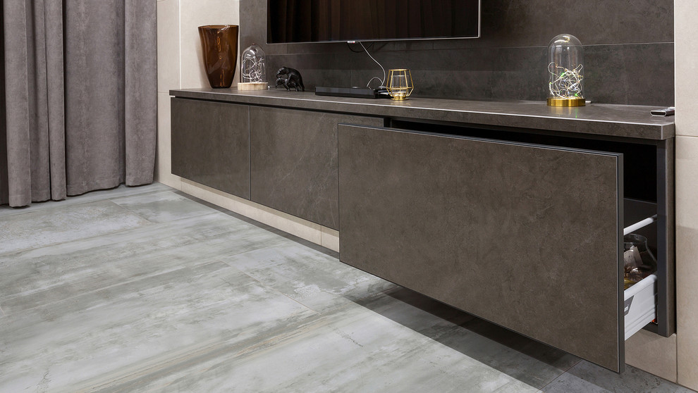 Кухня-гостиная из керамики, текстуры камень, цемент, металл