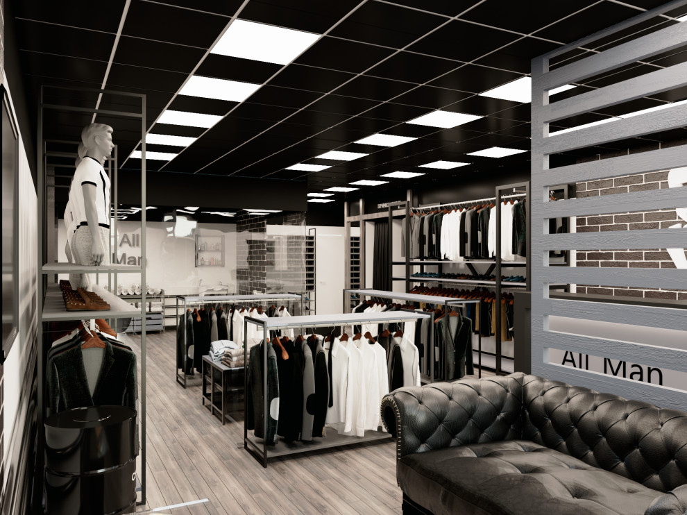 Брутальный лофт. Дизайн интерьера магазина мужской одежды и барбершопа "ALL MAN"
