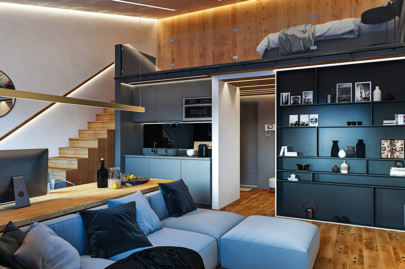 Интерьер небольшой двухуровневой квартиры студии в стиле лофт