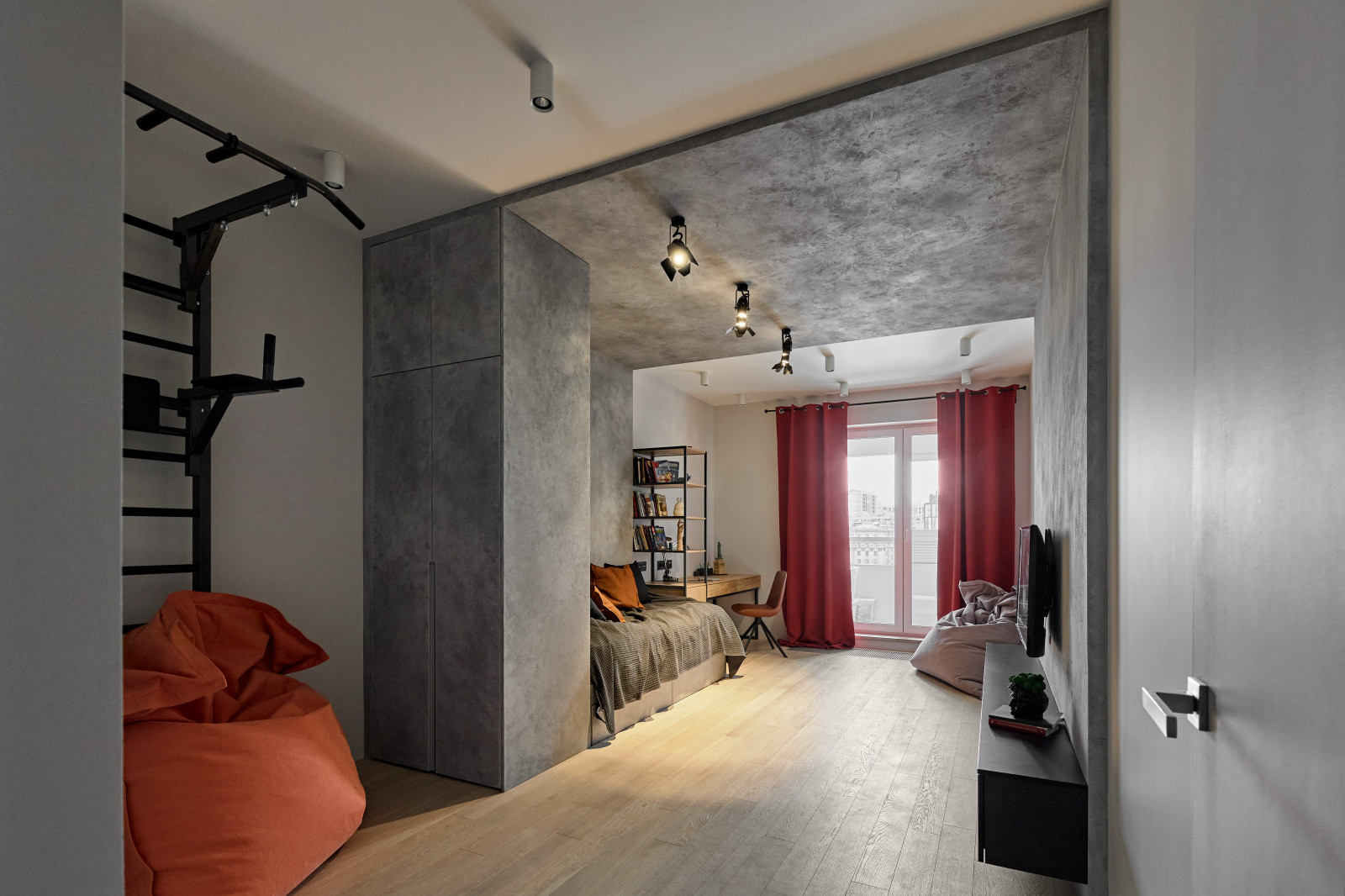 Шкаф. Кровать. Рабочий стол. Подвесная тумба под TV.