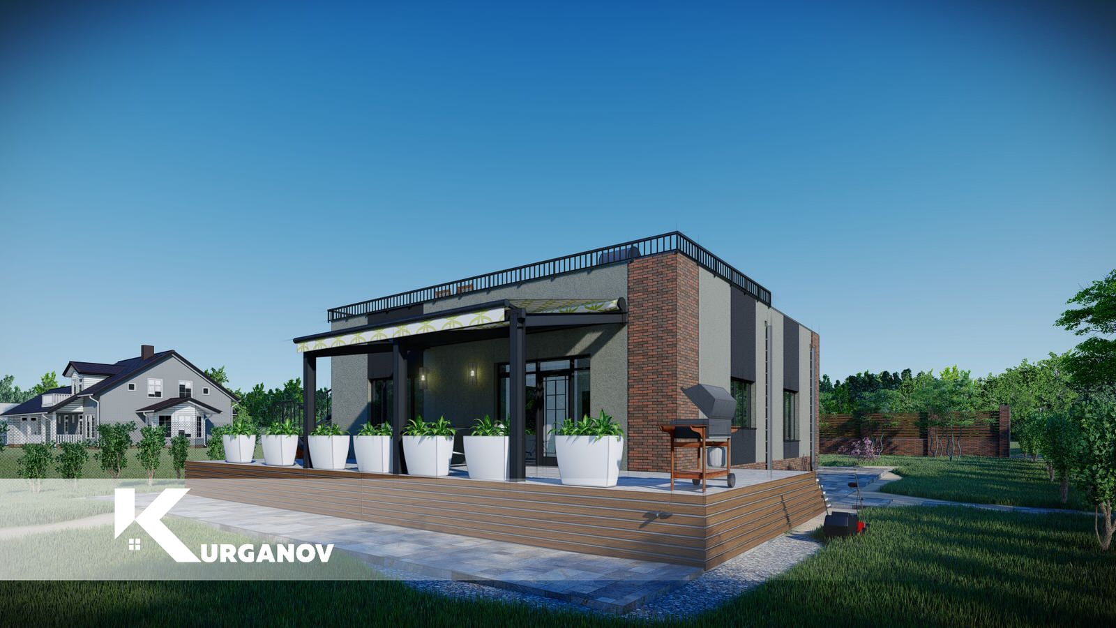 Проект жилого одноэтажного дома c плоской эксплуатируемой кровлей  гаражом и тер