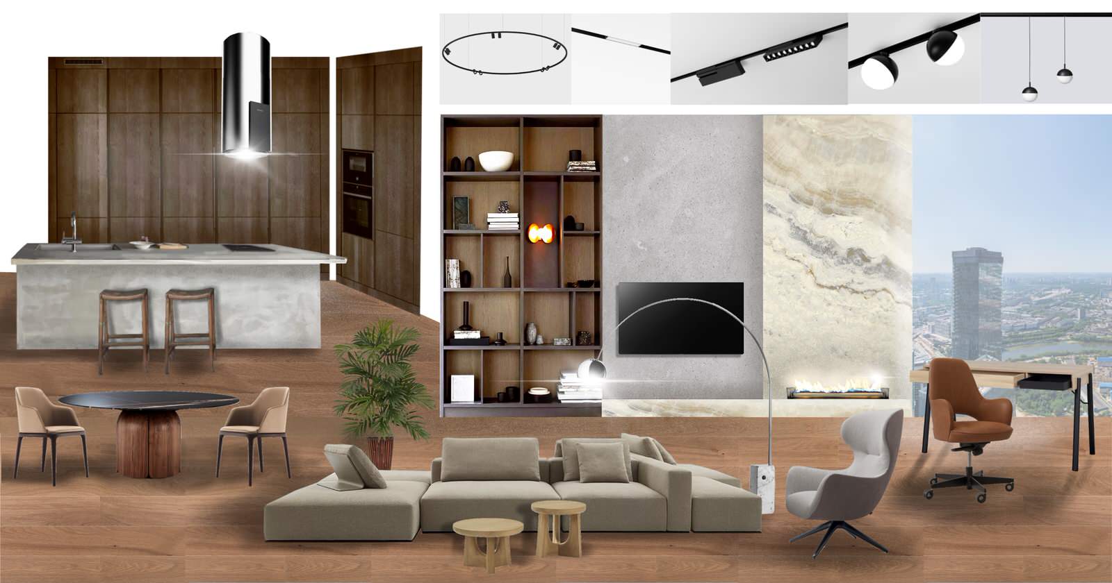 Коллаж-концепция кухни-гостиной