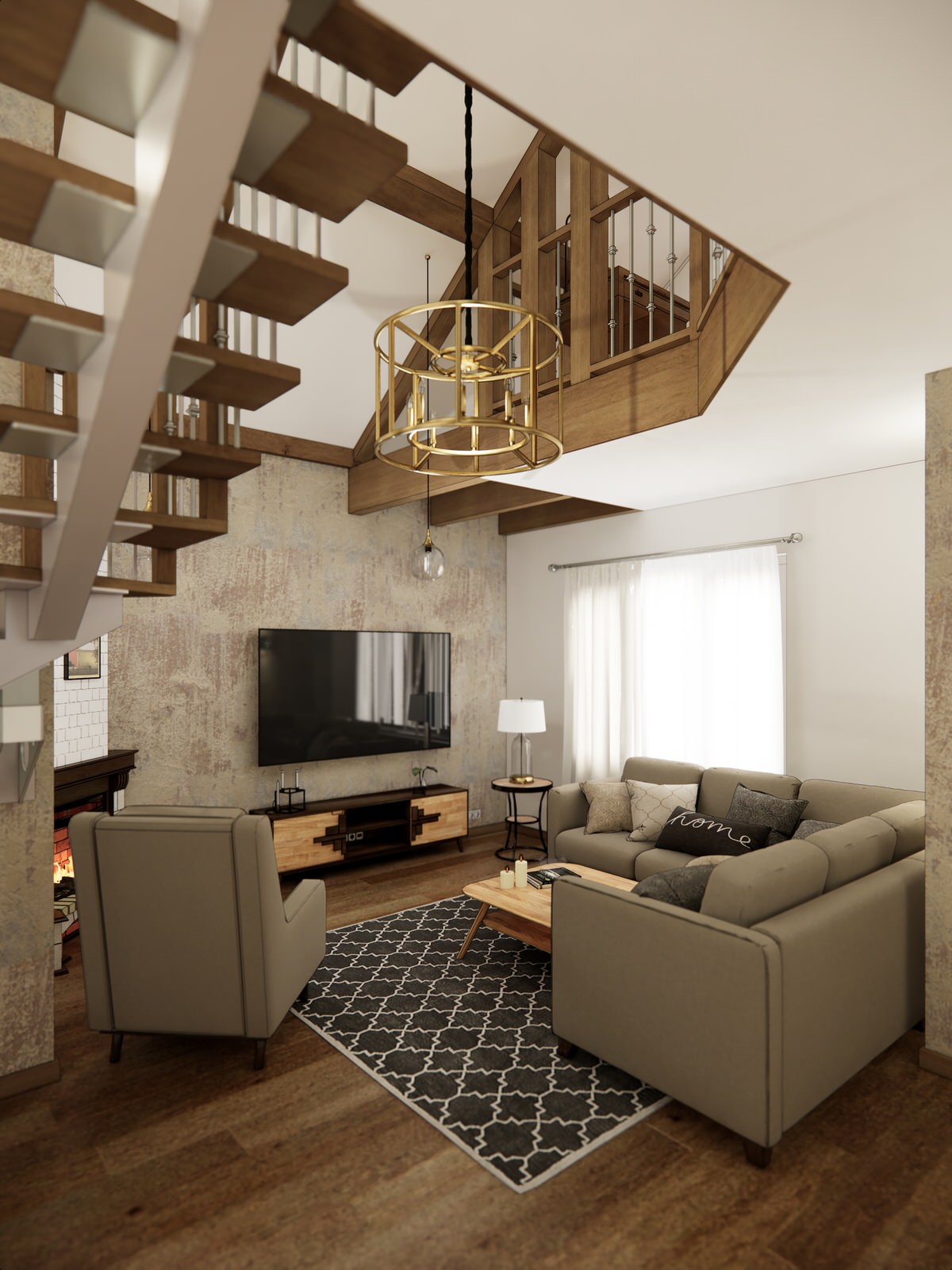 Дом в немецком стиле: кухня и гостиная с камином и лестницей