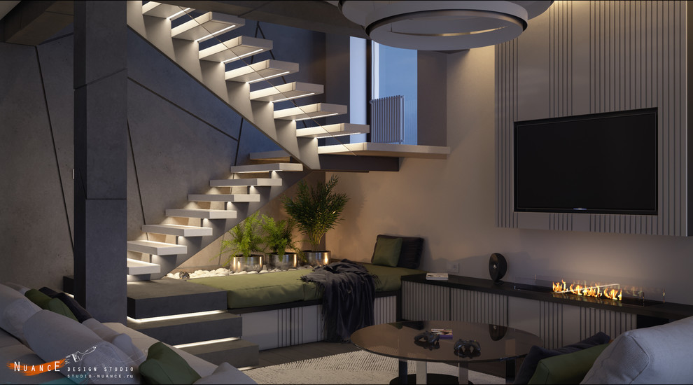 Объединенная гостиная-кухня с современной лестницей на 1 косоуре в загородном до