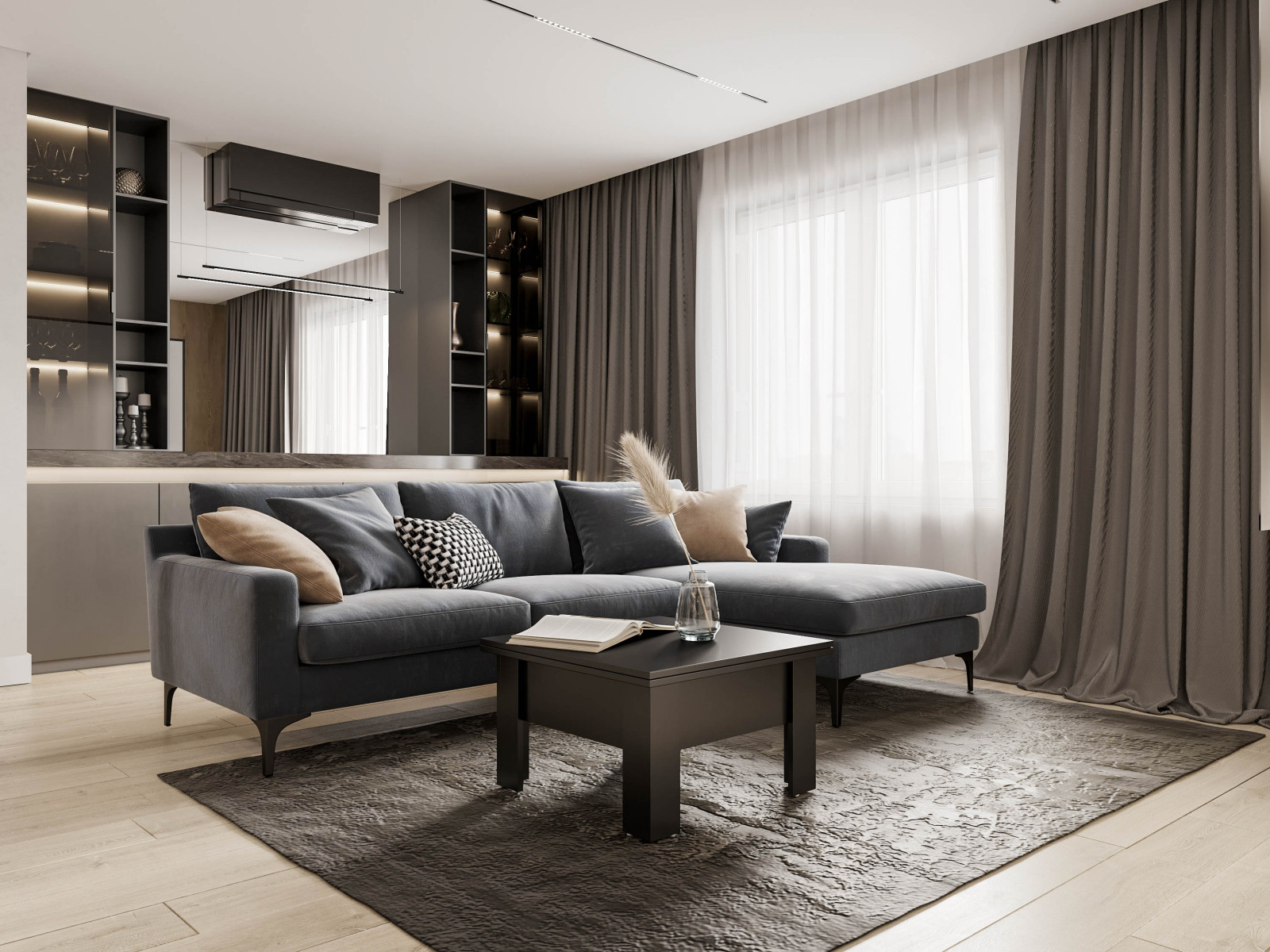 Обложка проекта: Гостиная и кухня в бежево-серых оттенках