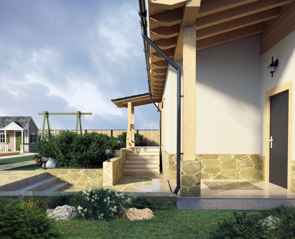 Визуализация решения по благоустройству вокруг дома. Пристройка к дому.