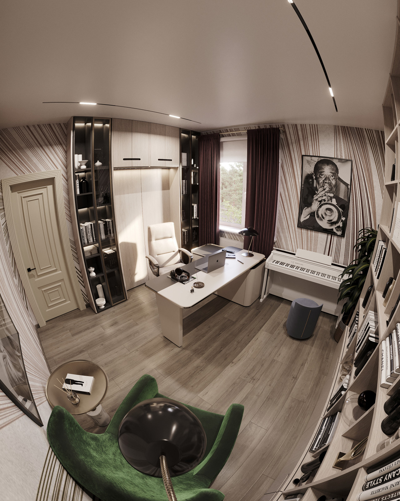 Дизайн и 3д-визуализация кабинета в загородном доме. Вариант 1.