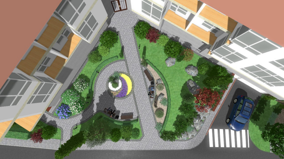 Входная группа многоквартирного дома с детской площадкой