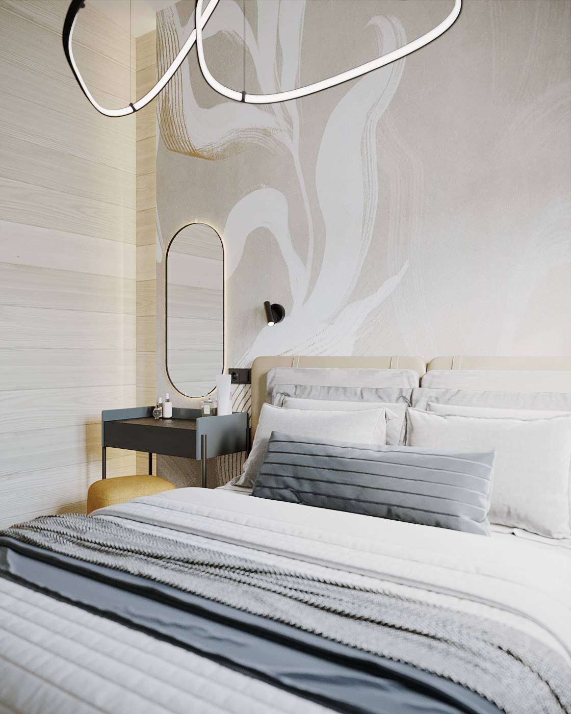 Стильный дизайн спальни в доме из бруса