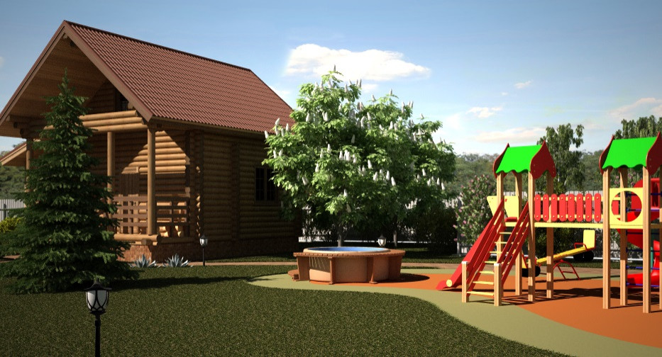 Ландшафтный дизайн для дома из оцилиндрованного бревна