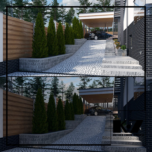 Экстерьер гостевого дома с консольным навесом на две машины и забором