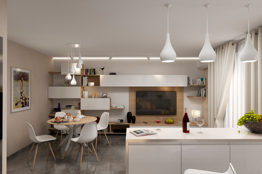 Обложка проекта: Объединенные в единое пространство кухня, столовая, гостиная.