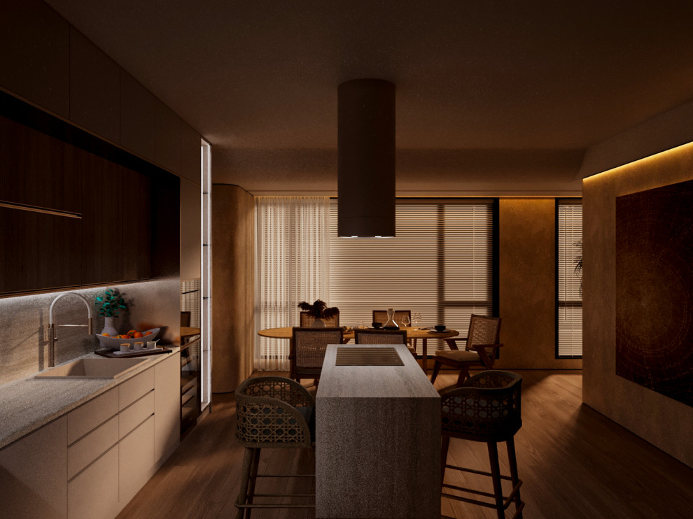 кухня-гостиная в тёплом стиле. Скандинавский стиль, "Джапанди"