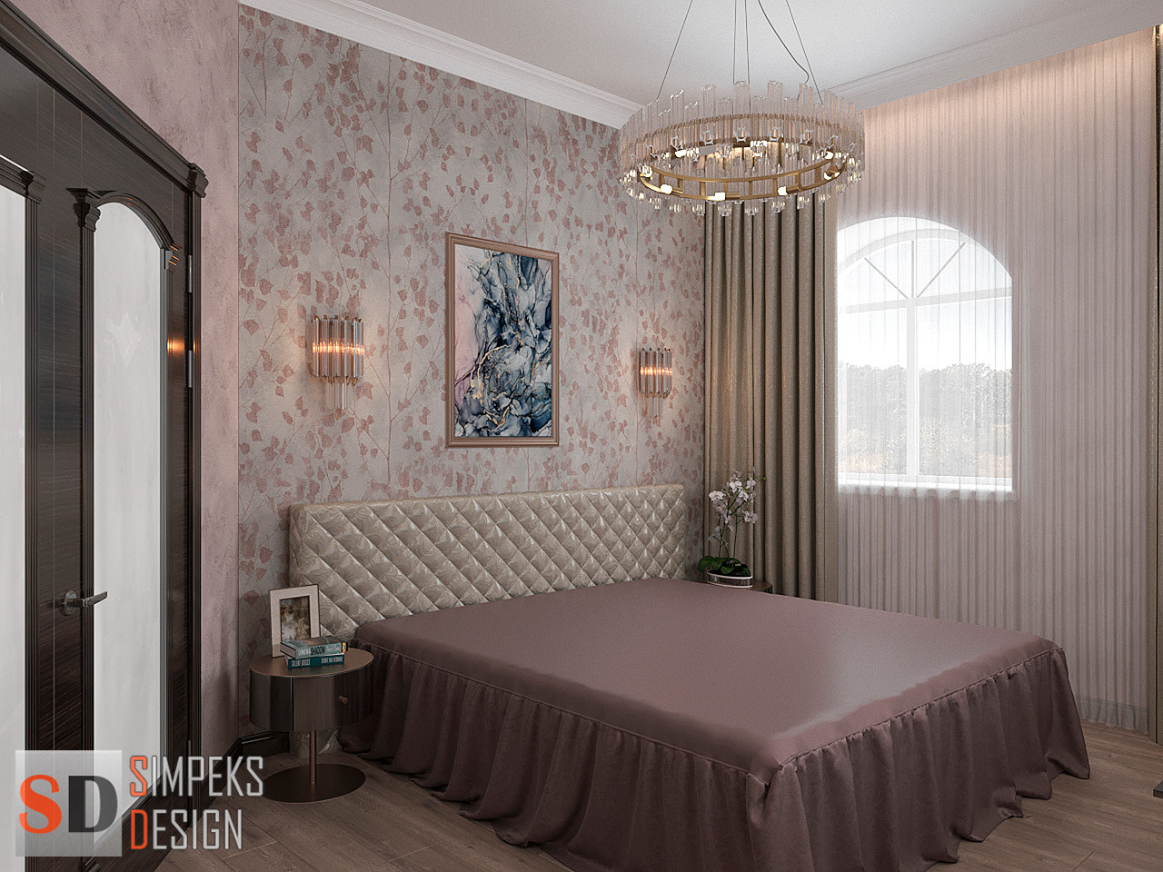 Обои с декором за кроватью