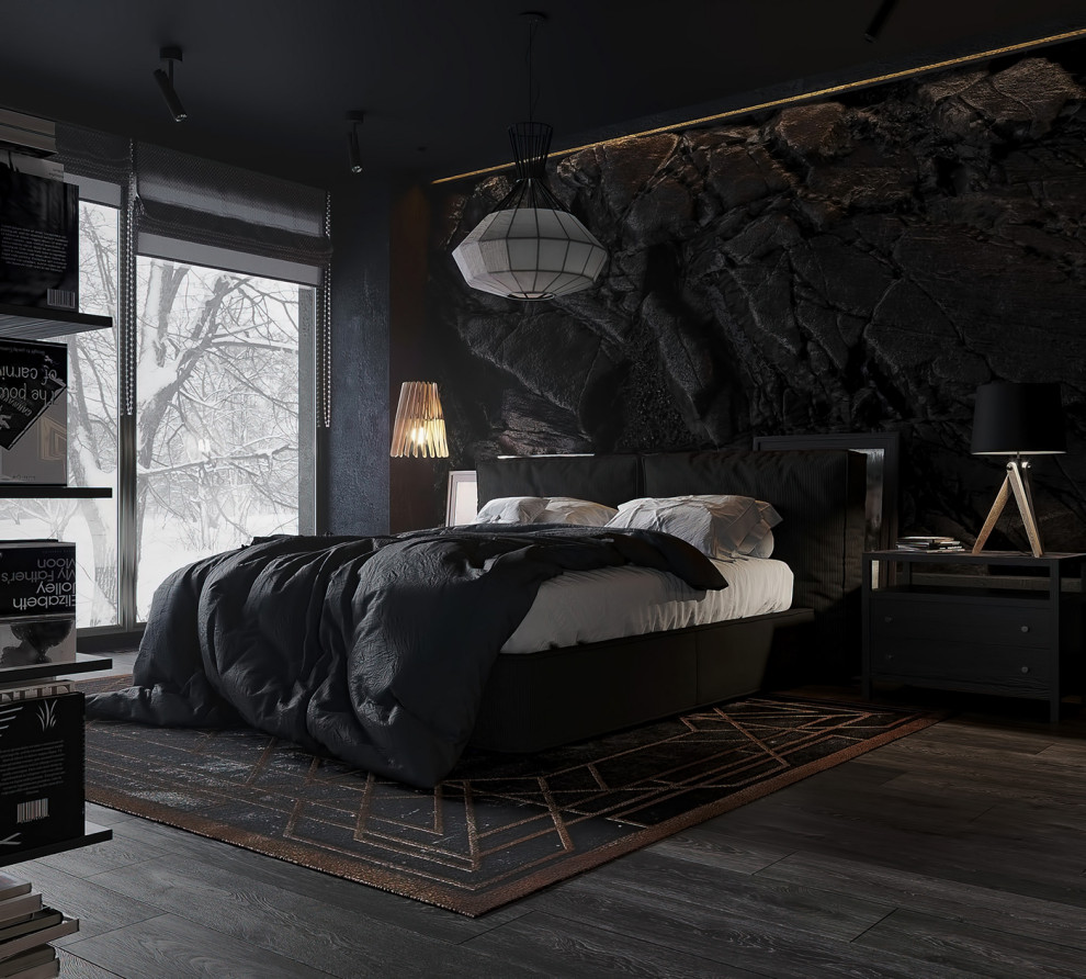 Обложка проекта: Темный интерьер спальни в каменном виде