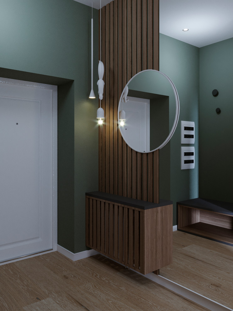 Современный интерьер дома с акцентами лестного цвета