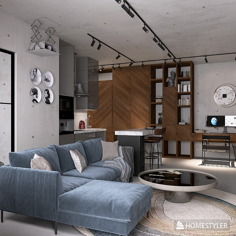 Однокомнатная квартира в стиле Industrial для режиссера с большим псом