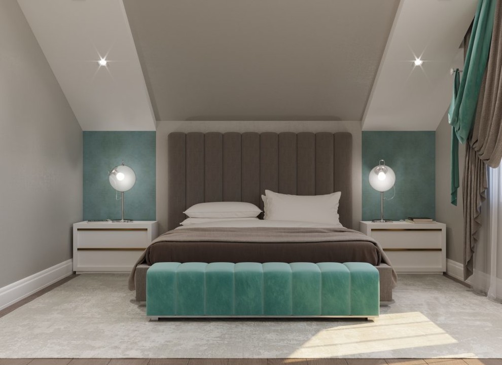 Обложка проекта: Спальня на мансарде в бирюзовых тонах