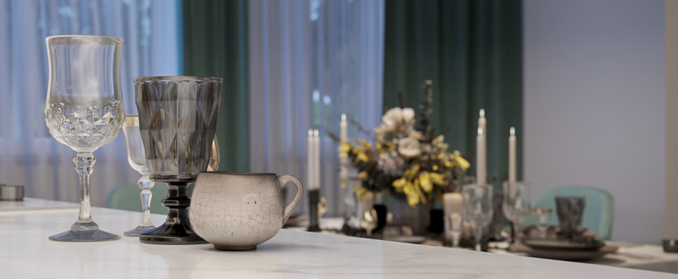 Мятная неоклассика. Кухня-гостиная в загородном доме.