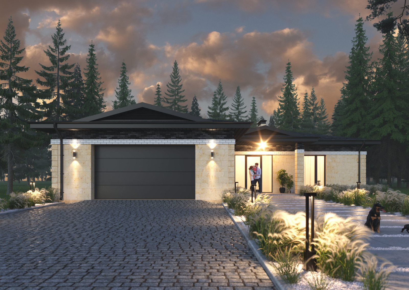 Проект 1-этажного 5-комнатного жилого дома в стиле Райта