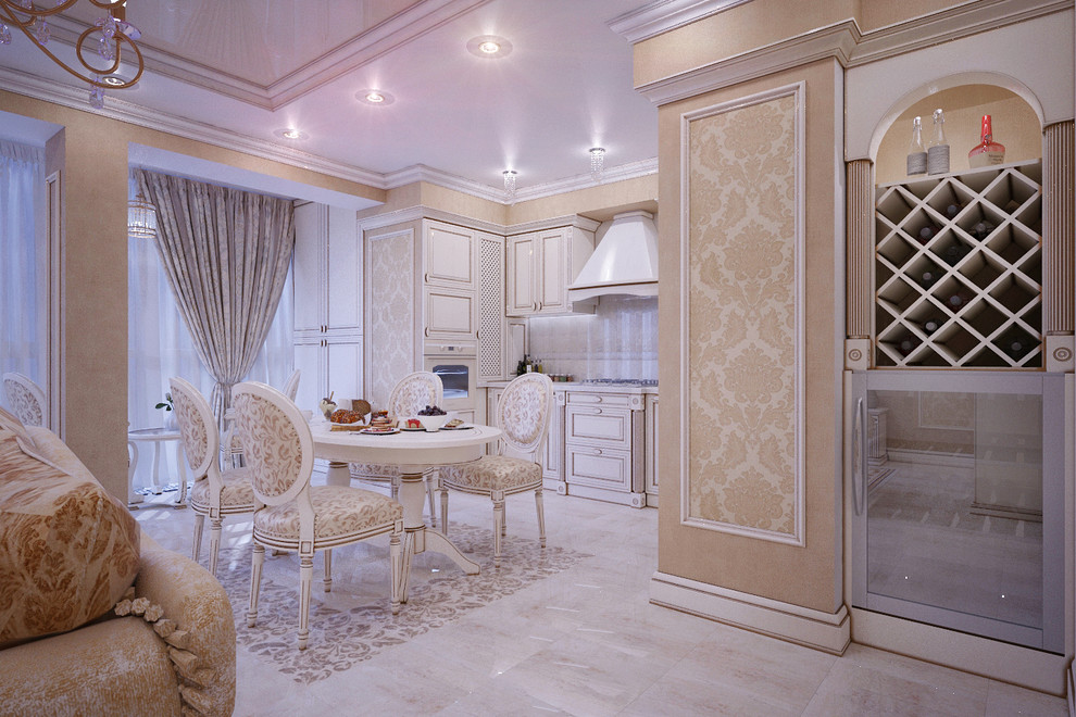 Gold and creamy traditional living room and kitchen