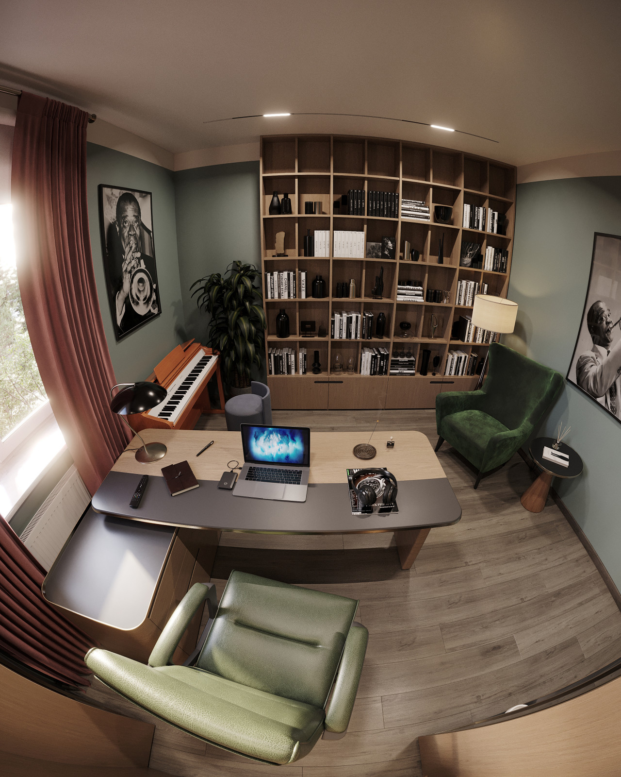 Дизайн и 3д-визуализация кабинета в загородном доме. Вариант 2.