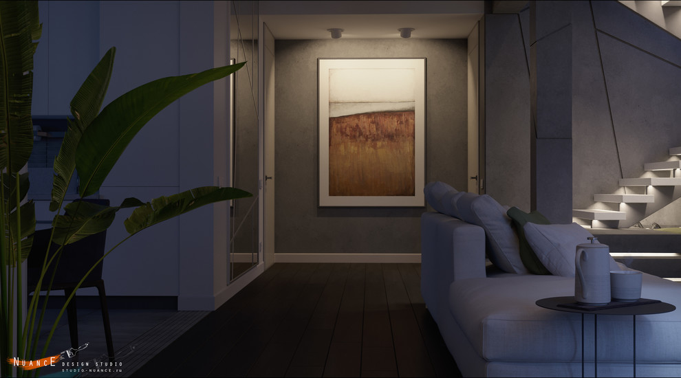 Объединенная гостиная-кухня с современной лестницей на 1 косоуре в загородном до