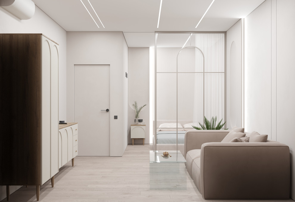 Обложка проекта: Стильная гостиная, совмещенная со спальней, в маленькой квартире.