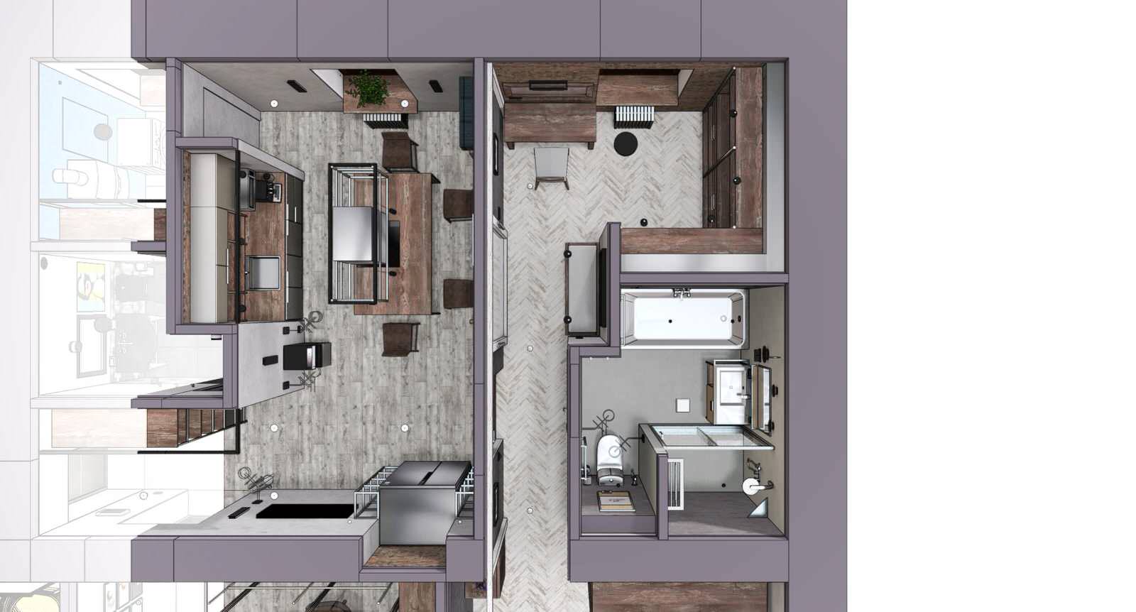 Квартира в Москве в стиле лофт, спальня, ванная и гардеробная. 2020 г.