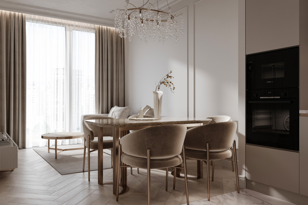 Интерьер бежевое кухни-гостиной 21м2