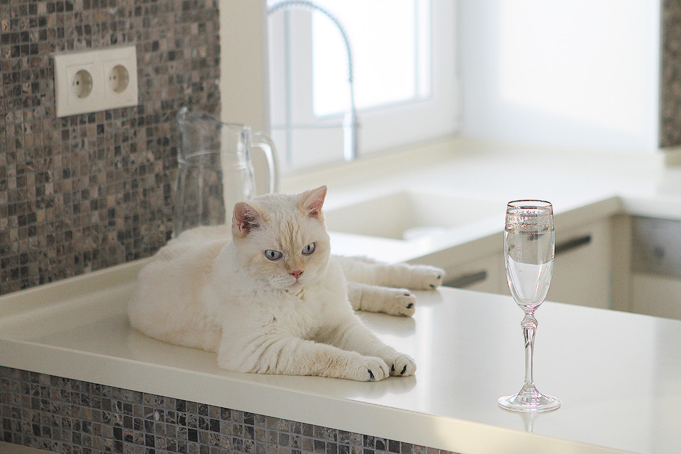 П-образная столешница из искусственного камня в квартире-студии