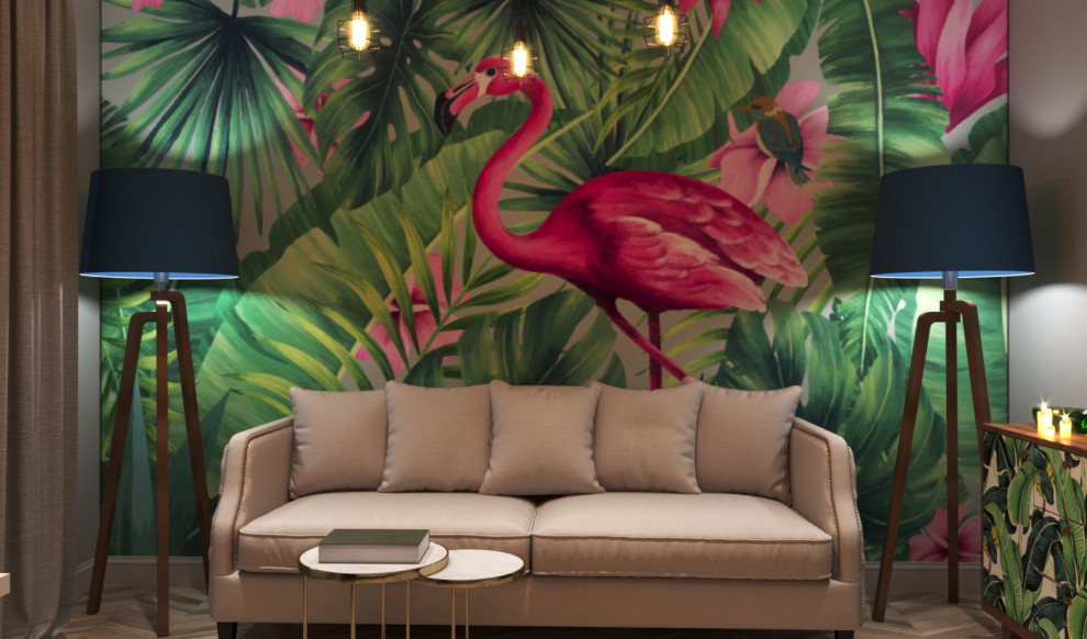 Дизайн небольшой гостиной с рабочим местом и авторскими яркими обоями