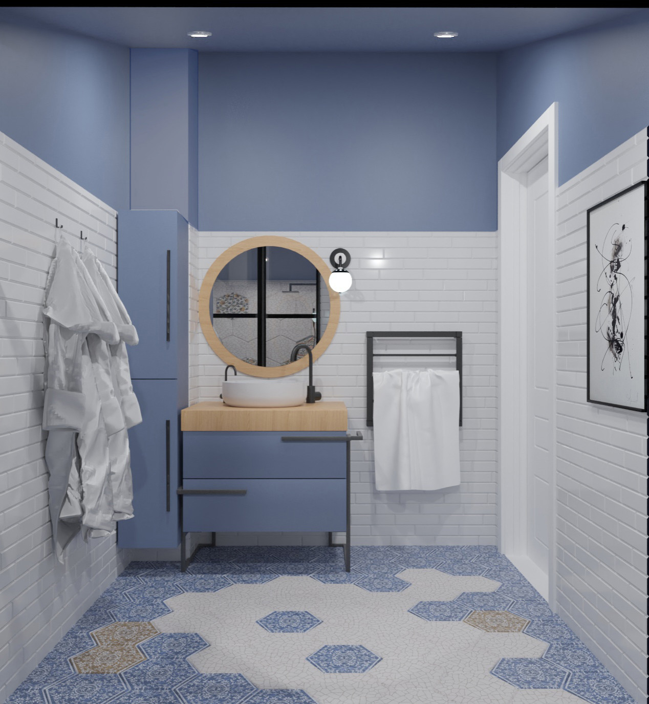 Ванная комната в синих оттенках.