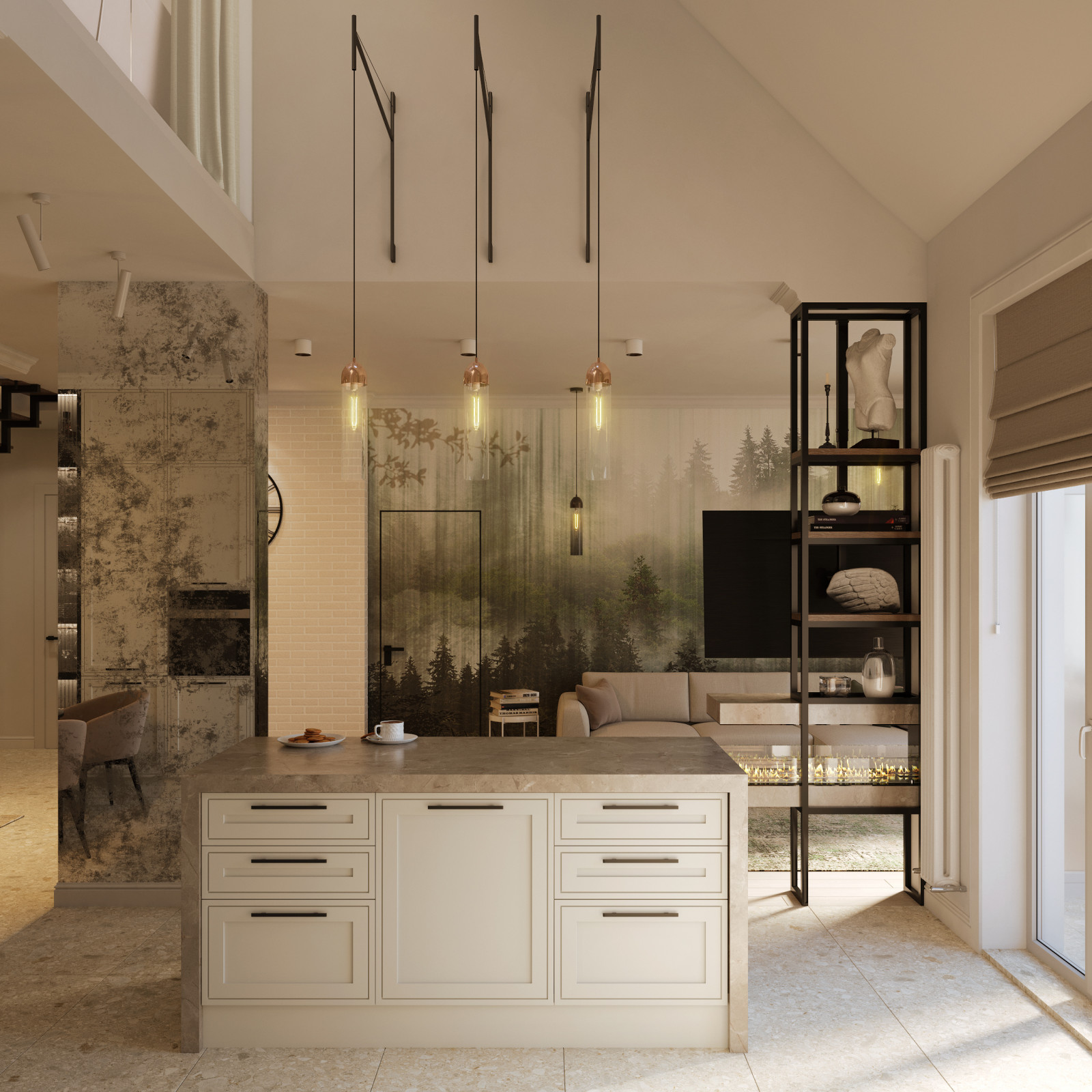 Освещение острова подвесными светильниками на кронштейнах