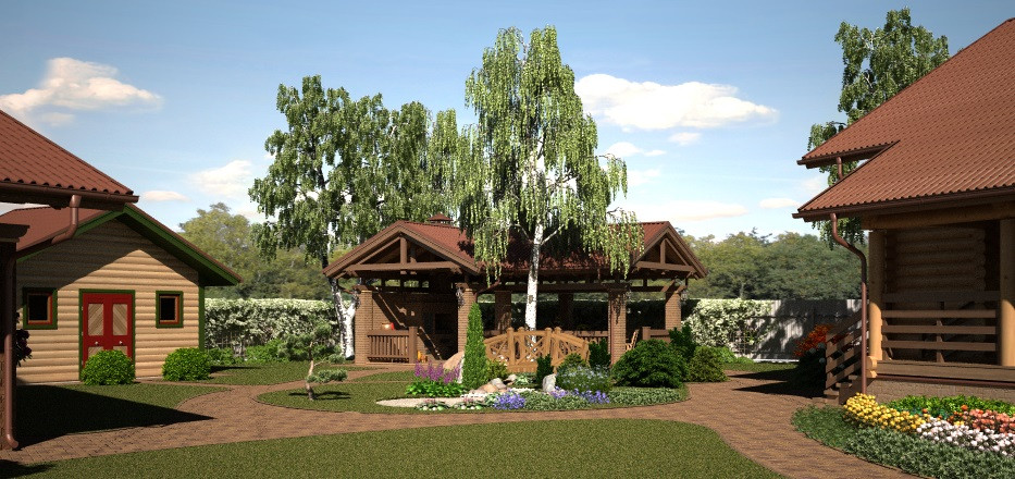 Ландшафтный дизайн для дома из оцилиндрованного бревна