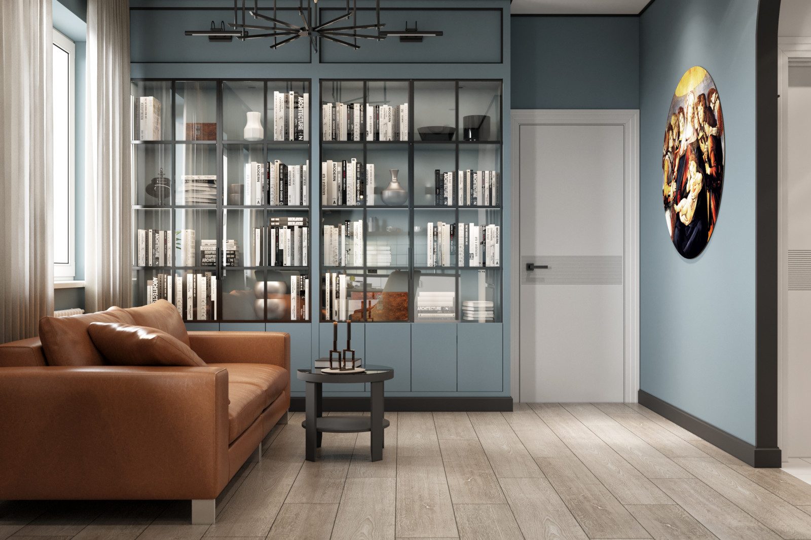 Дизайн квартиры в современном стиле. Цветные акценты и библиотека в 90 м. кв.