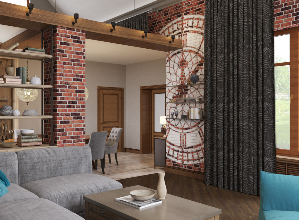 Гостиная с элементами лофта в загородном доме