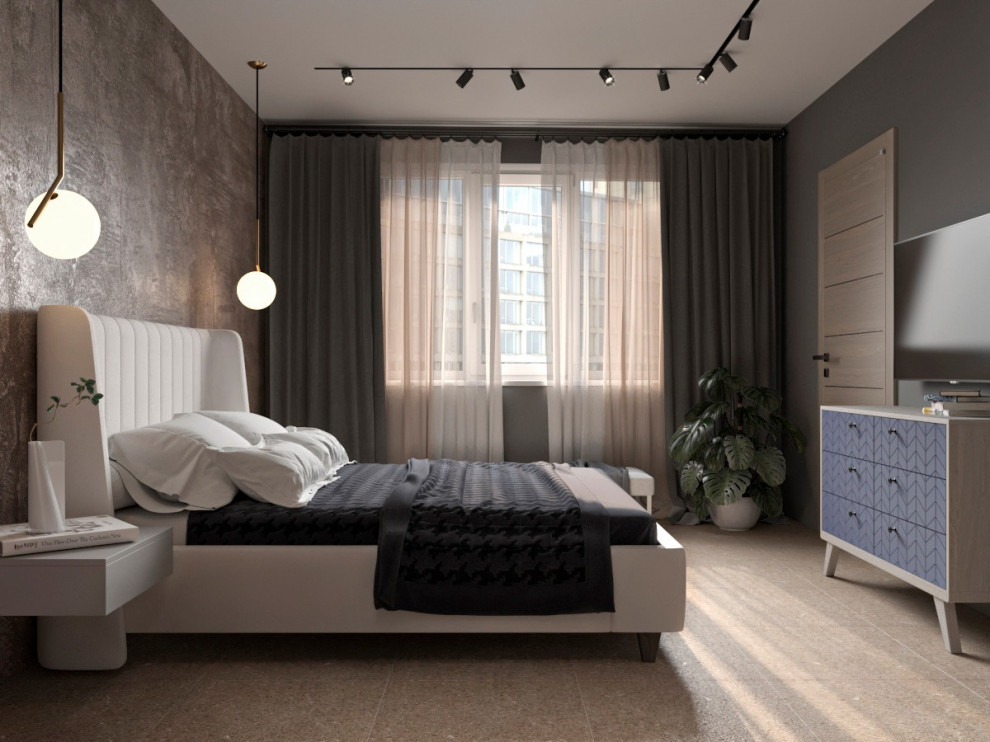 Стильная спальня с ванной за стеклянной перегородкой