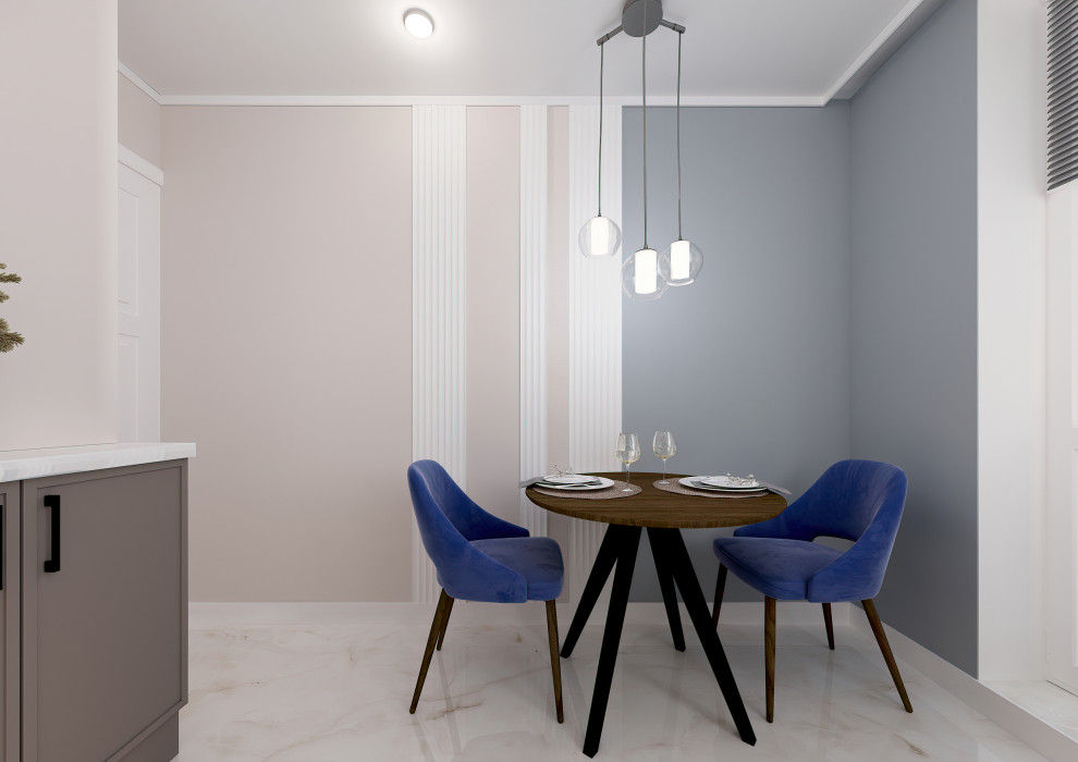 Кухня в оттенках голубого тумана. Столовая группа.