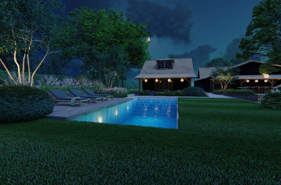 Проект участка с озером, бассейном и большой патио-зоной у дерева