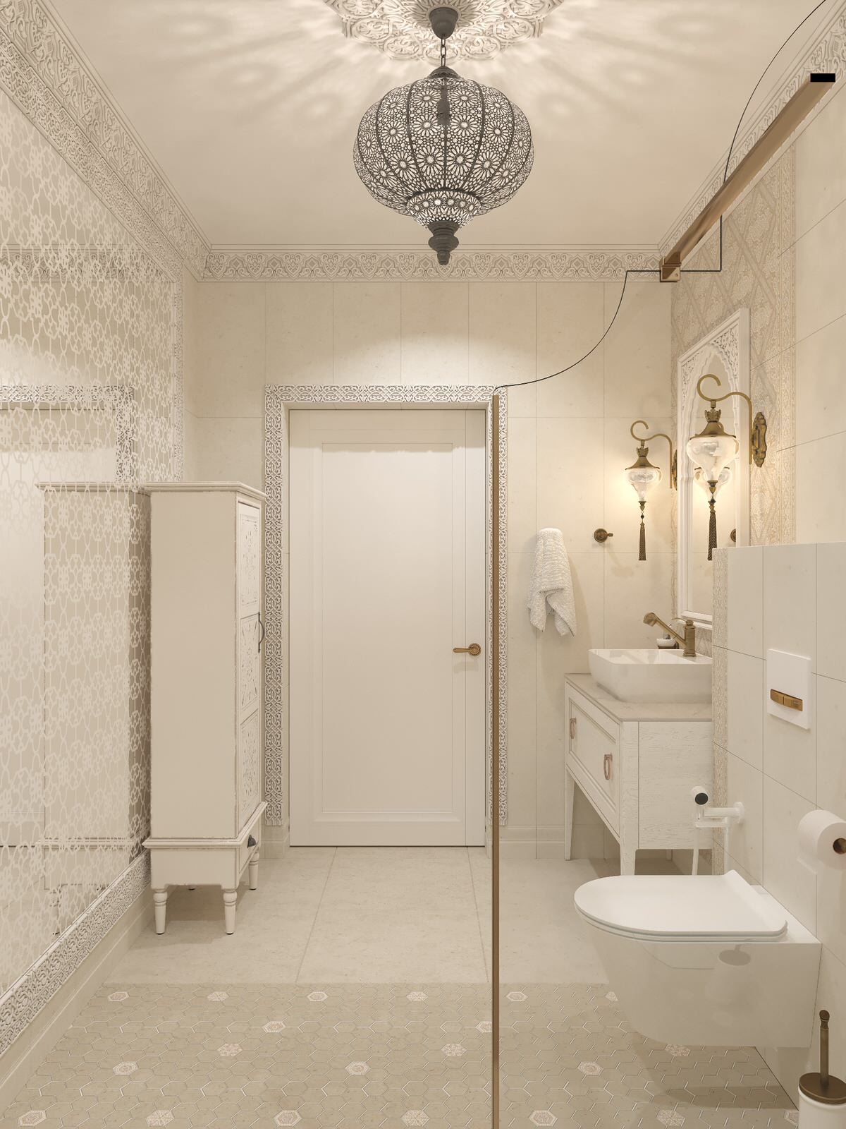 Интерьер санузла в цокольном этаже загородного дома в Восточном стиле