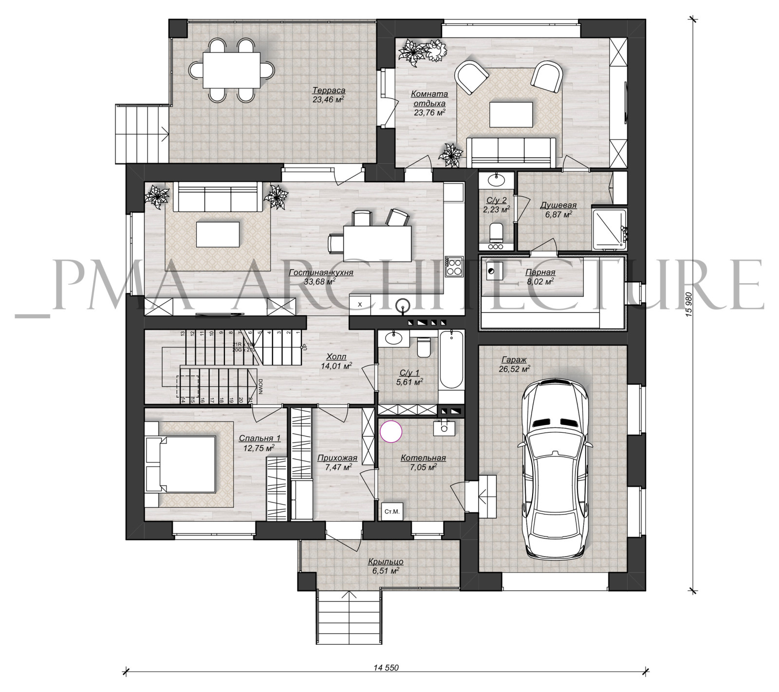 Двухэтажный дом с плоской кровлей