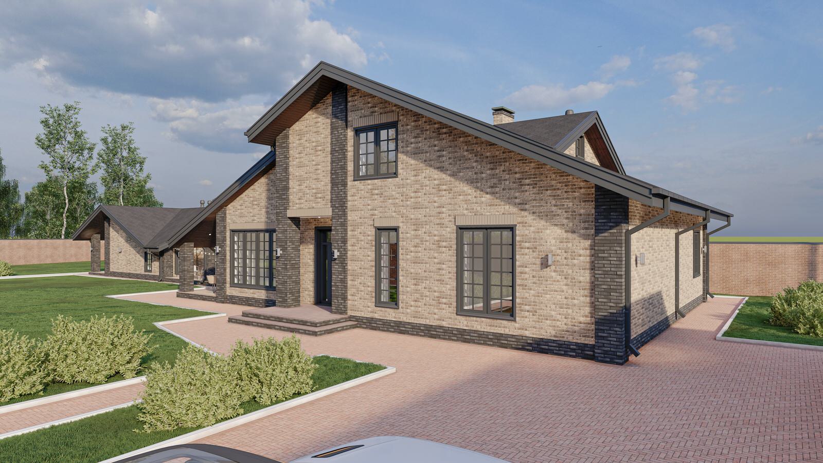 Обложка проекта: Жилой дом с мансардой, пристроенным банным комплексом и гаражным комплексом