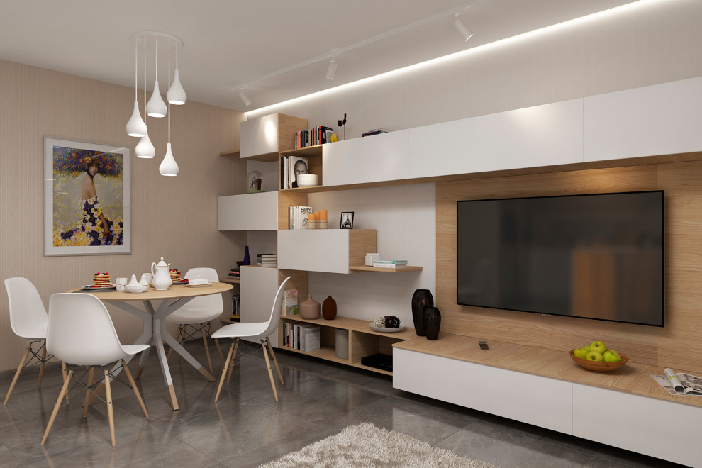 Объединенные в единое пространство кухня, столовая, гостиная.